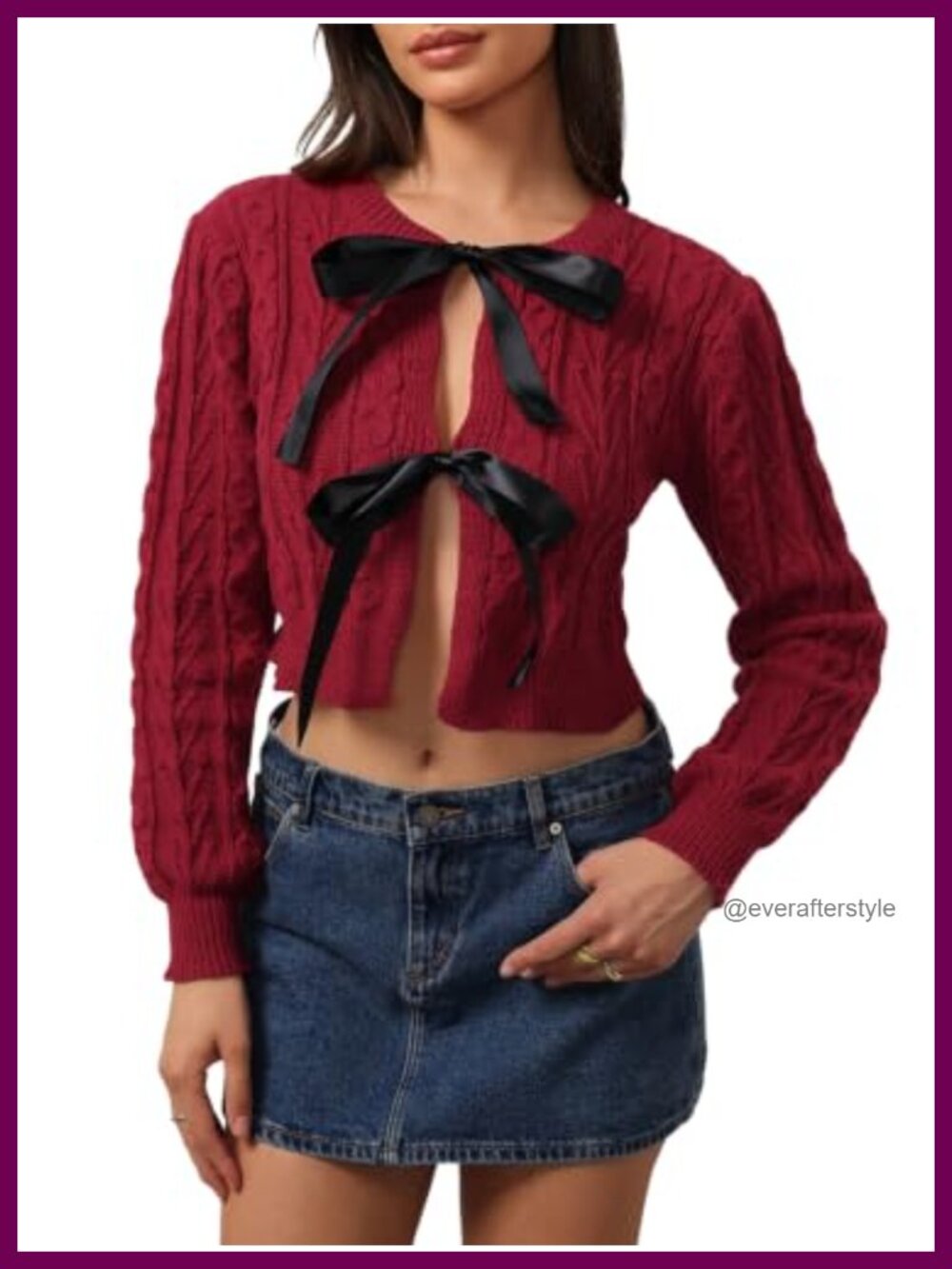 MakeMeChic Women's Bow Knot Tie Front Cable Knit Cropped Cardigan Sweater